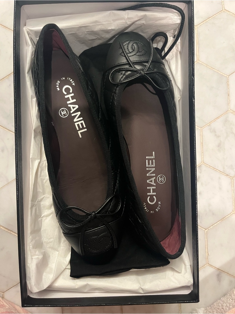 CHANEL Black Leather Quilted Ballet Flats with CC Bow